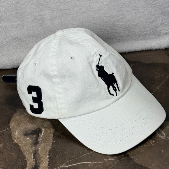 Polo Ralph Lauren White Baseball Cap Number 3 Pony Logo Strapback Hat - Picture 1 of 7